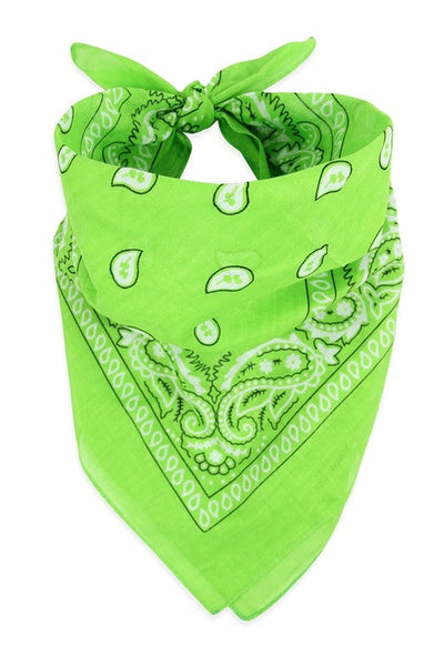 100% Polyester 21" square classic bandana in bright lime green with white paisley print, shown folded diagonally and tied to be worn bandit style