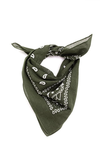 100% Cotton 20" square classic bandana in dark olive green with white paisley print, shown folded diagonally and tied to be worn bandit style