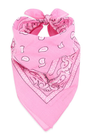 100% Cotton 20" square classic bandana in pink with white paisley print, shown folded diagonally and tied to be worn bandit style
