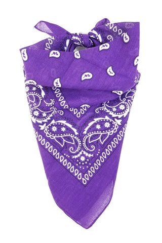 100% Cotton 20" square classic bandana in purple with white paisley print, shown folded diagonally and tied to be worn bandit style