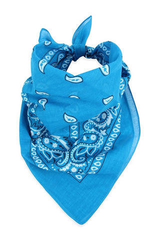 100% Cotton 20" square classic bandana in deep turquoise blue with white paisley print, shown folded diagonally and tied to be worn bandit style