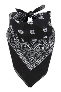 100% Cotton 20" square classic bandana in black with white paisley print, shown folded and tied to be worn bandit style
