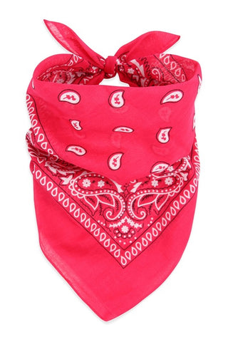 100% Cotton 20" square classic bandana in hot pink with white paisley print, shown folded diagonally and tied to be worn bandit style