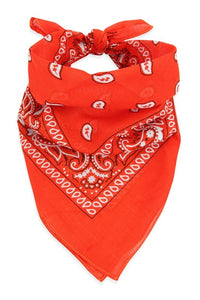 100% Cotton 20" square classic bandana in orange with white paisley print, shown folded diagonally and tied to be worn bandit style