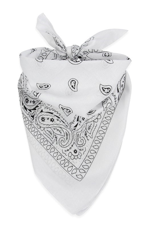 100% Cotton 20" square classic bandana in white with black paisley print, shown folded diagonally and tied to be worn bandit style