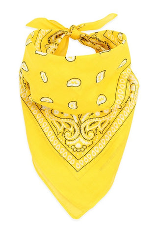 100% Cotton 20" square classic bandana in bright yellow with white paisley print, shown folded diagonally and tied to be worn bandit style