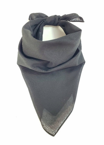 20" x 20" 100% cotton bandana scarf in solid black, folded diagonally and tied to be worn bandit style