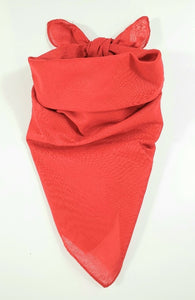 20" x 20" 100% cotton bandana scarf in solid red, folded diagonally and tied to be worn bandit style