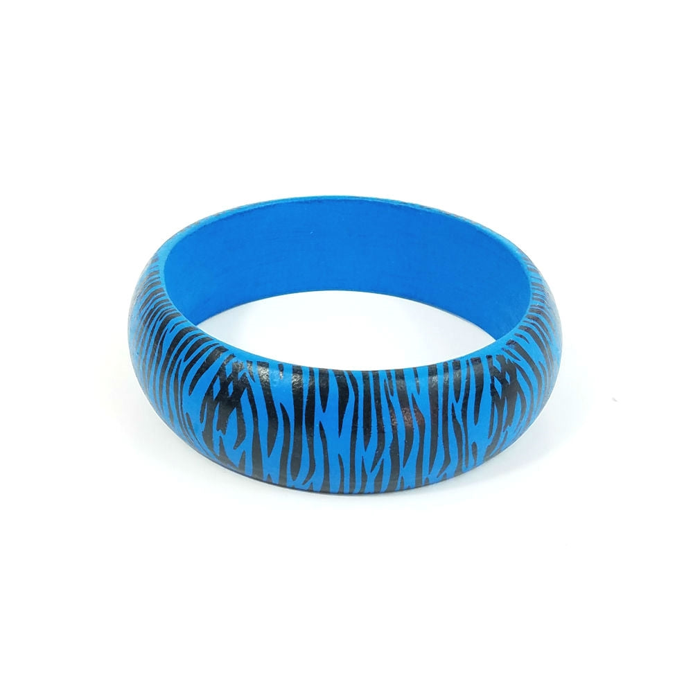 7/8" wide blue black tiger zebra print painted wood bangle bracelet