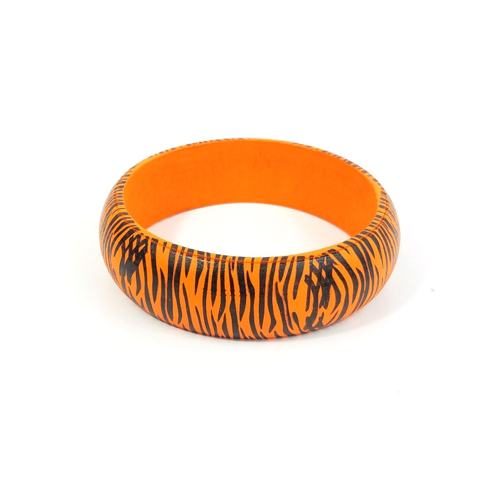 7/8" wide orange black tiger zebra print painted wood bangle bracelet