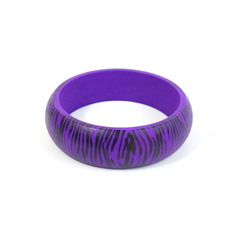 7/8" wide purple black tiger zebra print painted wood bangle bracelet
