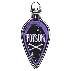 black with purple and white 30" x 68" beach towel in the shape of a vintage torpedo bottle, labeled "Poison" with skull stopper