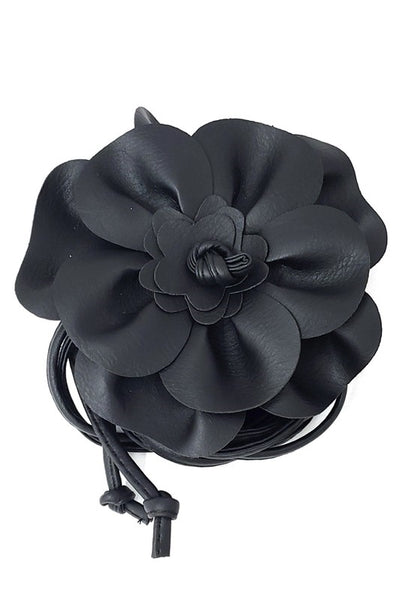 6" black faux leather flower belt with 2 59" faux leather ties for fastening