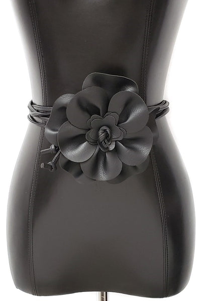 6" black faux leather flower belt with 2 59" faux leather ties for fastening, shown on dress form