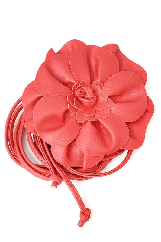 6" coral color faux leather flower belt with 2 59" faux leather ties for fastening