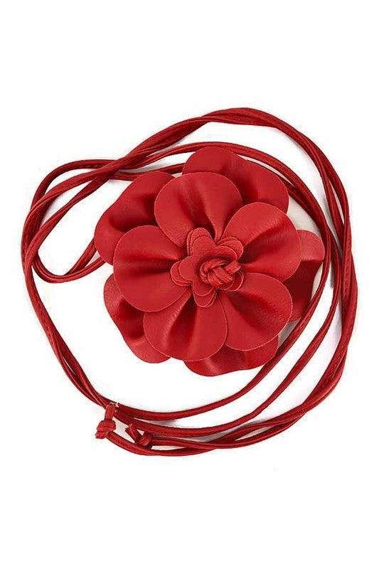 6" red color faux leather flower belt with 2 59" faux leather ties for fastening