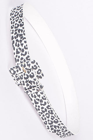 black & white leopard print 1 1/2" wide soft faux suede belt with rectangular self buckle