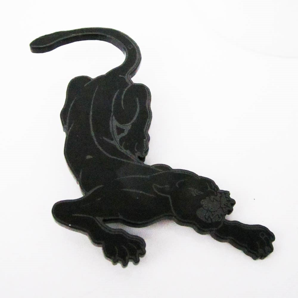 3 1/2" laser-cut and etched opaque black acrylic panther brooch
