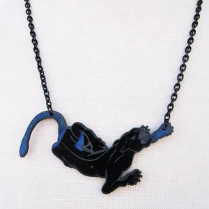 3 1/2" laser-cut and etched opaque black acrylic panther pendant on 18" black metal link chain
