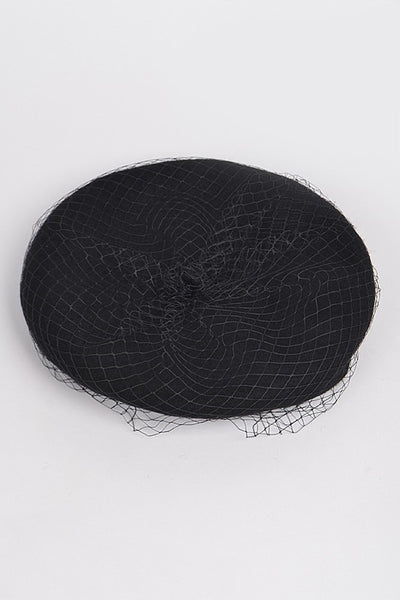 "French" black wool beret with top layer of black netting