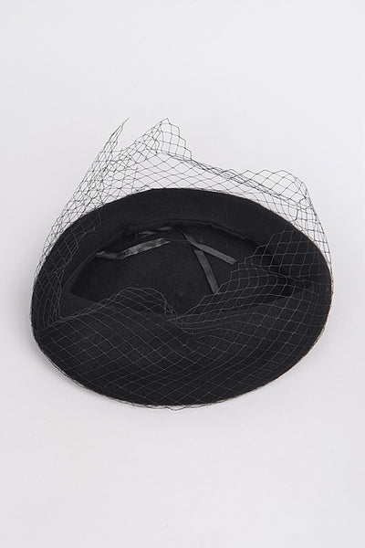 "French" black wool beret with top layer of black netting
