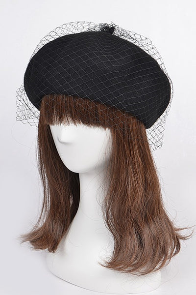 Black Wool Beret with Netting