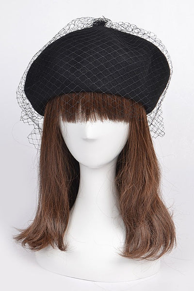 Black Wool Beret with Netting