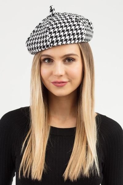 structured beret in woven black & white houndstooth, shown on model