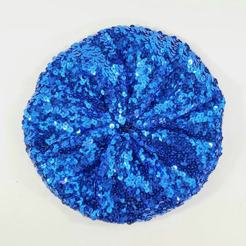 Sparkly shiny "French" beret in stretchy knit metallic royal blue sequin material