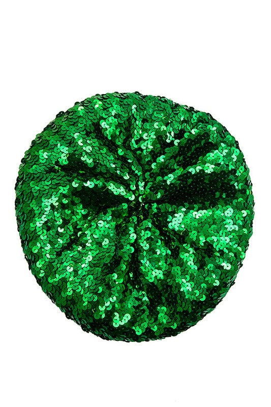Sparkly shiny "French" beret in stretchy knit metallic green sequin material