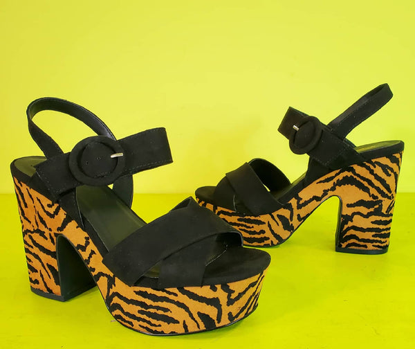 faux suede platform sandal black upper with textured tan & black tiger print