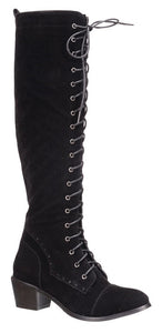black matte faux suede 17.5" tall knee high lace-up women's boot with 1.75" heel