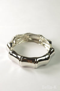 shiny silver metal bamboo motif 3/4" wide bangle cuff bracelet with spring hinge and opening