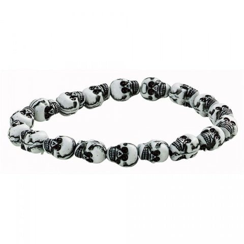 3/8" finely detailed white plastic with black shading two-faced skull beads on stretch filament bracelet