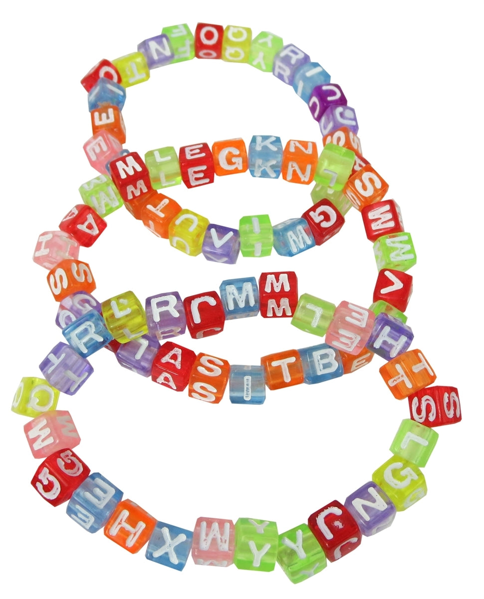 Set of 3 multi-color clear plastic alphabet printed 1/4" square beads stretch bracelets
