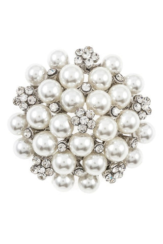 2,25" round white faux pearl and clear rhinestone encrusted silver metal brooch