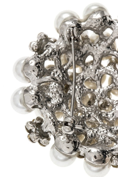 round faux pearl and rhinestone brooch, shown back view
