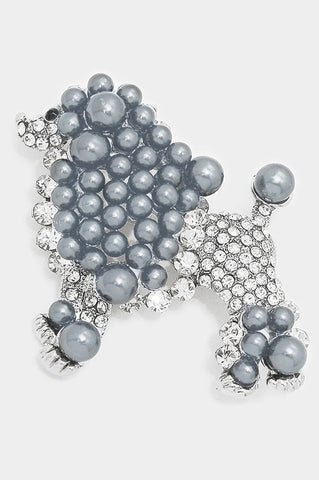 2.25" retro style clear rhinestone jewel and grey faux pearl encrusted metal French poodle shaped brooch