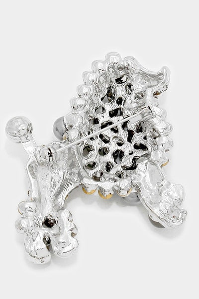 2.25" retro style clear rhinestone jewel and grey faux pearl encrusted metal French poodle shaped brooch, shown back view