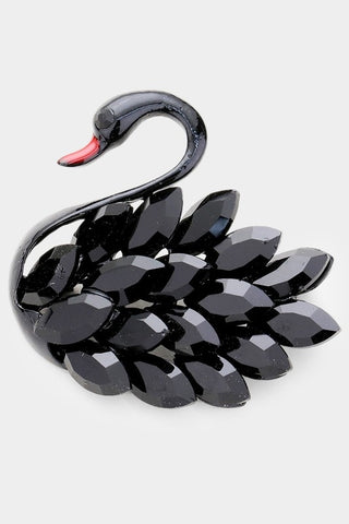 shiny black jewel and black enameled metal swan shaped brooch