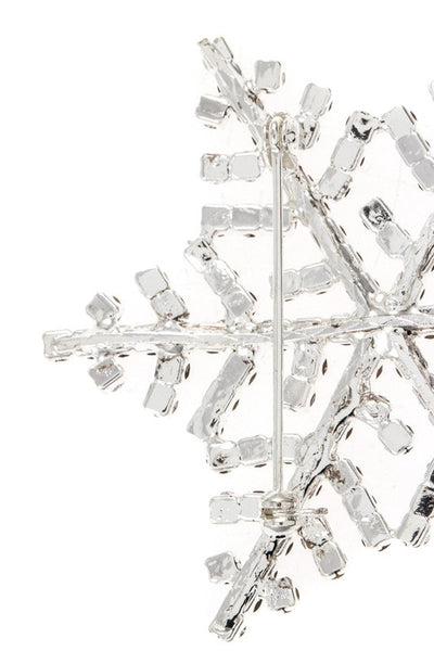 2.25" silver metal and jeweled "rhinestone" snowflake brooch, cropped close back view