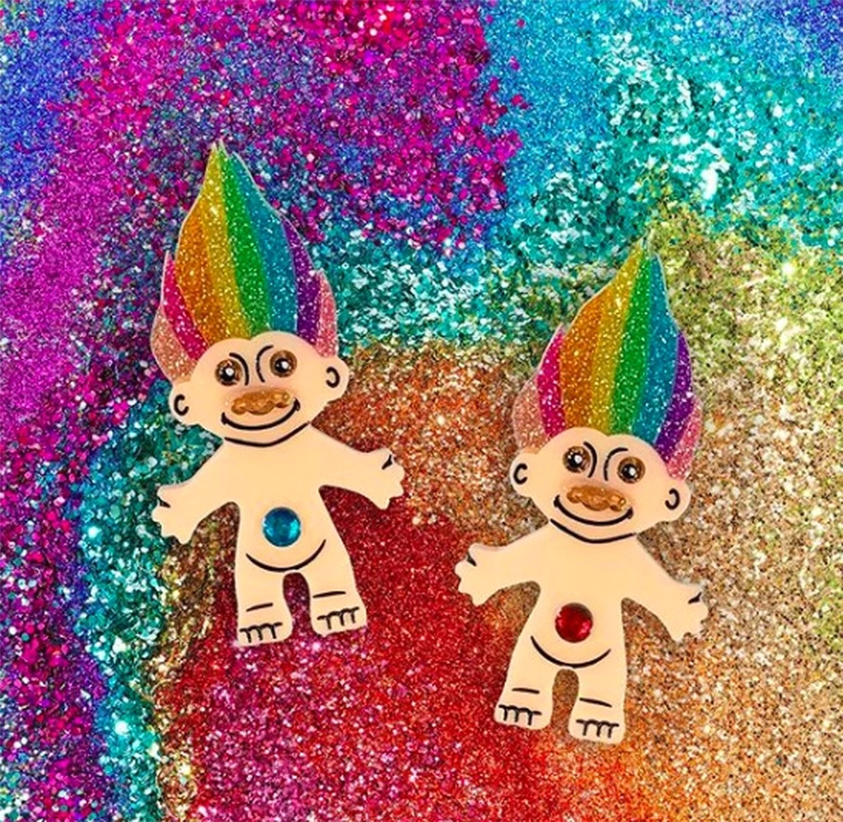 two "Rainbow Troll" layered laser cut resin brooches with jewel belly button decoration