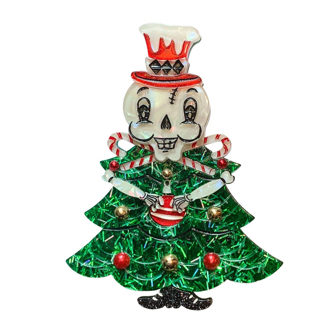 "Skelly Tree" skeleton in top hat with candy canes collar and christmas tree body 2 1/2" x 3 3/8" layered laser-cut resin brooch
