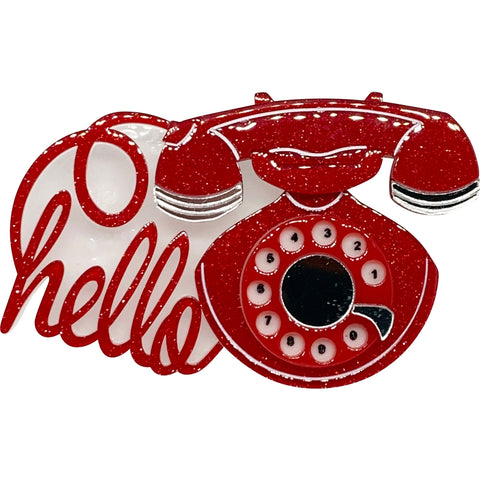 "Smooth Operator" glittery red vintage rotary dial phone with "hello" message cord 3" x 2" layered laser cut resin brooch