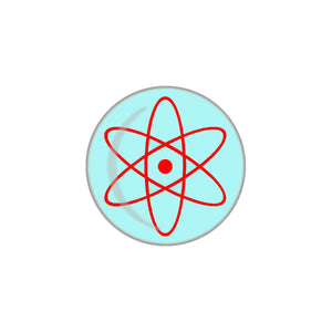 1" round metal button depicting a red atom on light blue background