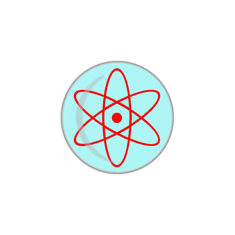 1" round metal button depicting a red atom on light blue background