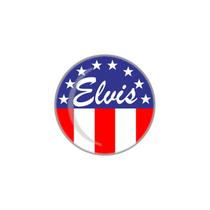 1" round metal button of "Elvis" on a red, white & blue, stars & stripes background