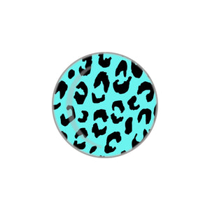 1" round metal button in all-over black & turquoise blue leopard print