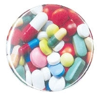 colorful close-up photo of assorted pills on 2.5" round metal pinback button