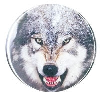 color photo image of snarling grey wolf face on 2.5" round metal pinback button